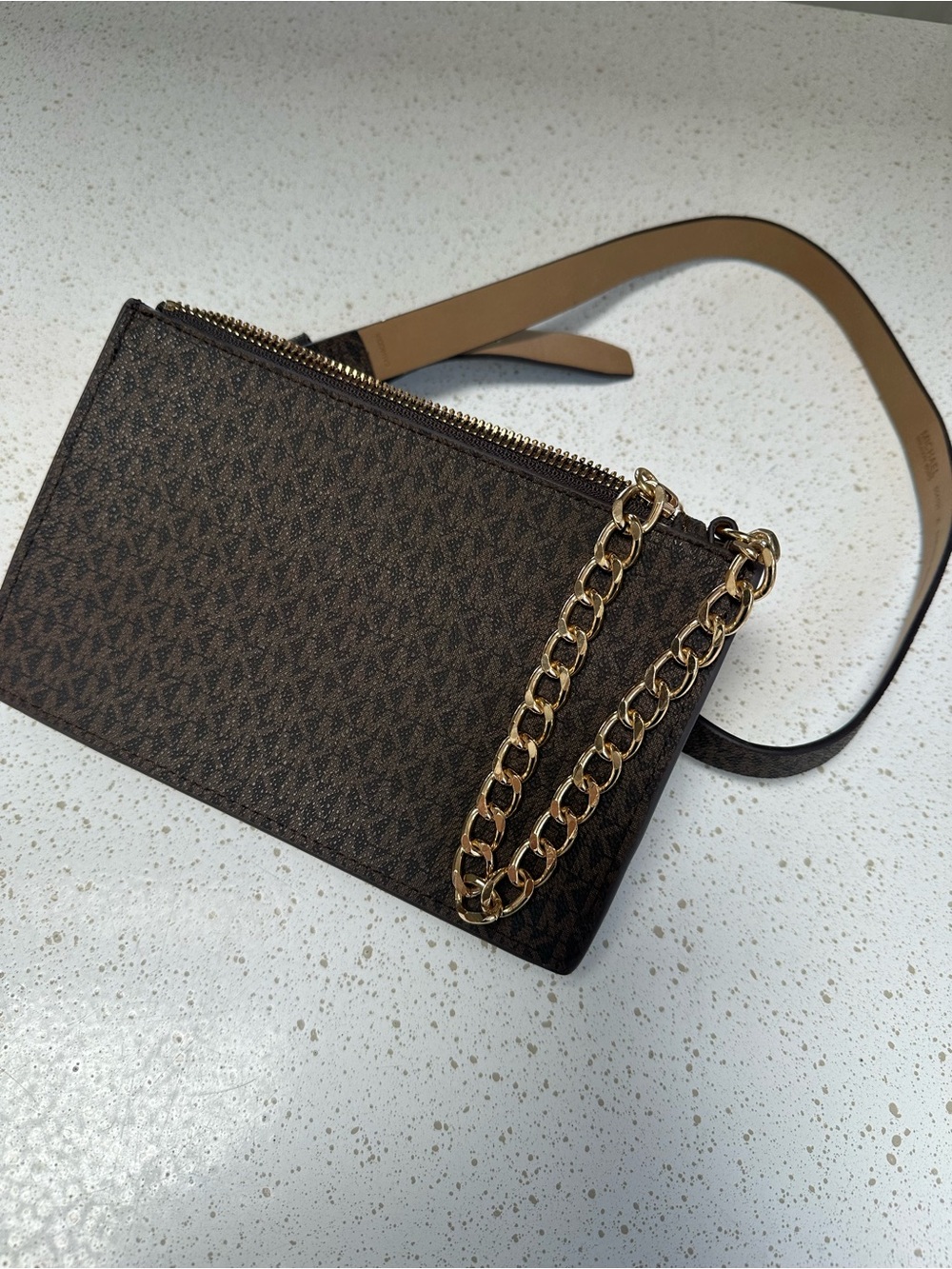 NWOT Michael Kors Brown Logo Crossbody Belt Bag  with Gold Chain - Picture 3 of 9